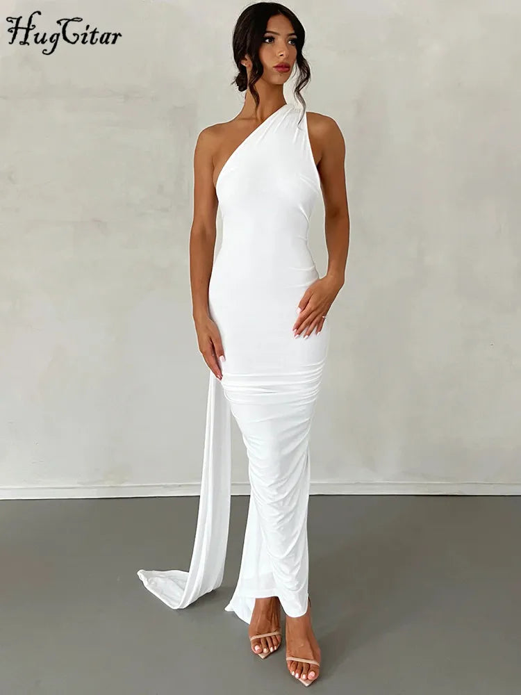 Hugcitar One Shoulder Backless Adjustable Scarf Loop Ruched Sexy Maxi Dress Women Elegant Y2K Streetwear Festival Outfit