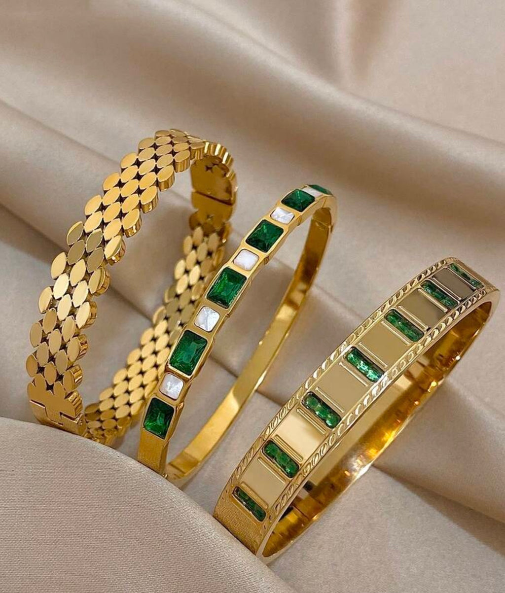 Emerald Green & Gold-Tone Bangle Set