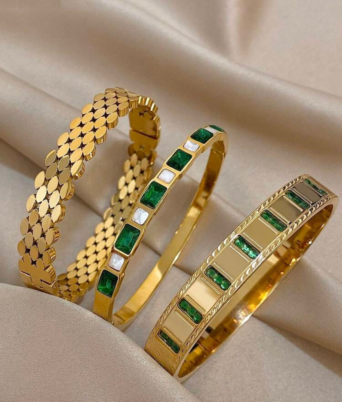Emerald Green & Gold-Tone Bangle Set