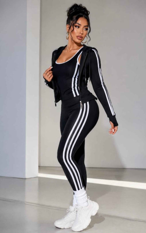 Black Striped 3-Piece Women's Active Legging Set