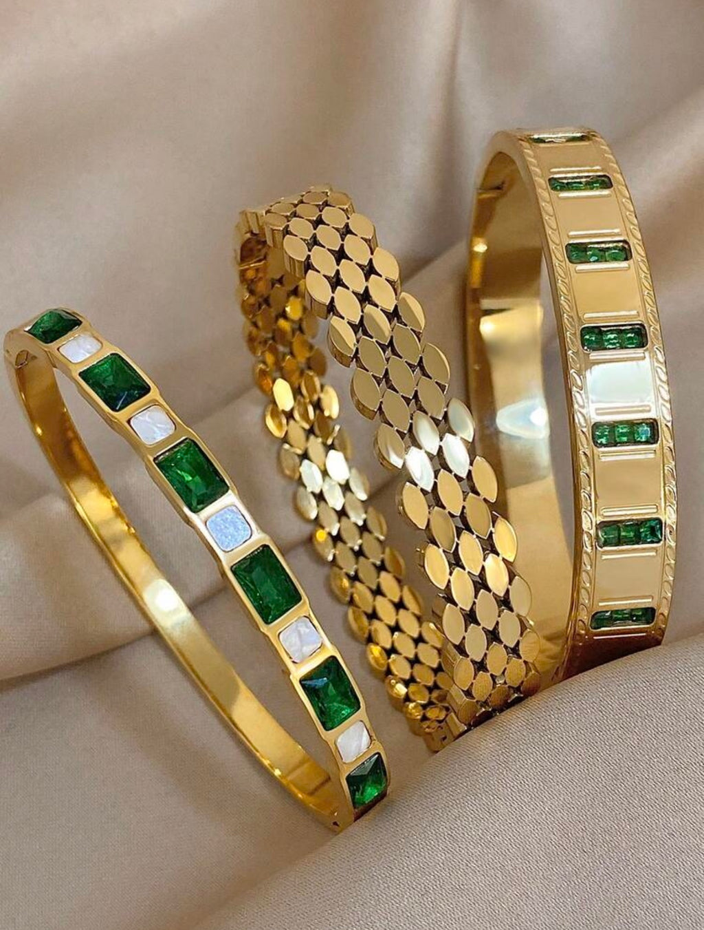 Emerald Green & Gold-Tone Bangle Set
