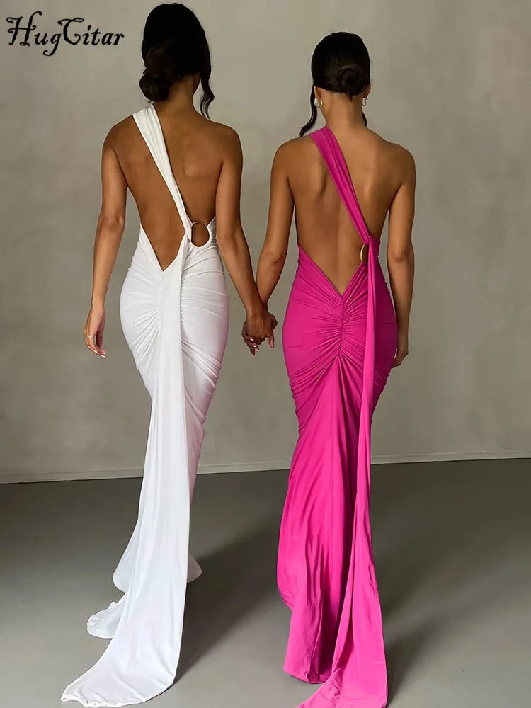Hugcitar One Shoulder Backless Adjustable Scarf Loop Ruched Sexy Maxi Dress Women Elegant Y2K Streetwear Festival Outfit