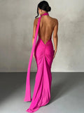 Hugcitar One Shoulder Backless Adjustable Scarf Loop Ruched Sexy Maxi Dress Women Elegant Y2K Streetwear Festival Outfit