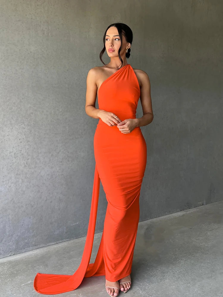 Hugcitar One Shoulder Backless Adjustable Scarf Loop Ruched Sexy Maxi Dress Women Elegant Y2K Streetwear Festival Outfit
